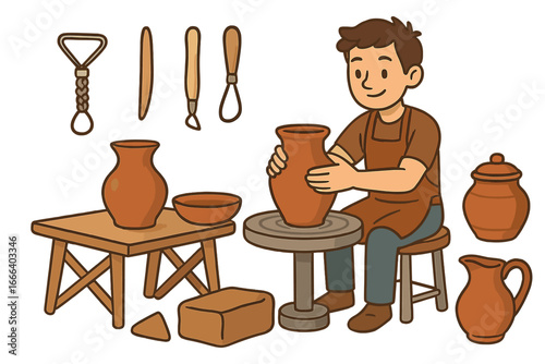 Potter man character creating a clay pot on a wheel. Craftsmanship and hobby concept. Vector set with pottery tools, earthenware, jug, vase. Artisan in a workshop.