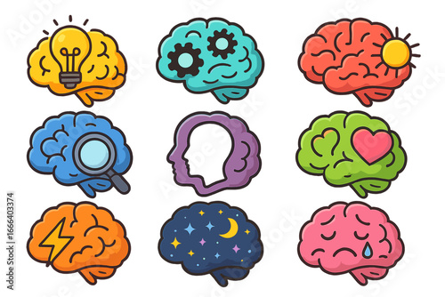 Colorful brain icons set. Mental health, psychology concept. Cognitive process, creativity, logic, emotion, depression, idea, brainstorming, love, sadness vector cartoon icons.