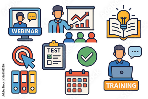 Training and education icon set. Business webinar, e-learning, presentation, seminar concepts. Vector illustration for corporate course, skill development, knowledge, goal, test.