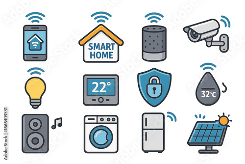 Smart home vector icon set. Internet of Things (IoT) automation concept. Symbols for connected devices, security system, remote control, and energy management technology.