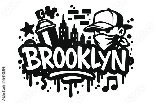 Brooklyn graffiti lettering. Urban street art concept. New York City culture with hip hop artist, spray can, music notes, and skyline. Vector for t-shirt print, sticker.