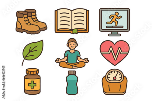 Set of wellness and healthy lifestyle icons. Vector cartoon illustration of hiking, reading, online fitness, yoga, health care, and diet. Self-care activity concept.