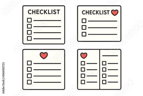 Checklist and to-do list vector icon set. Minimal notebook paper or planner pages with heart symbol for self-care, wish list, or survey. Simple task management concept.