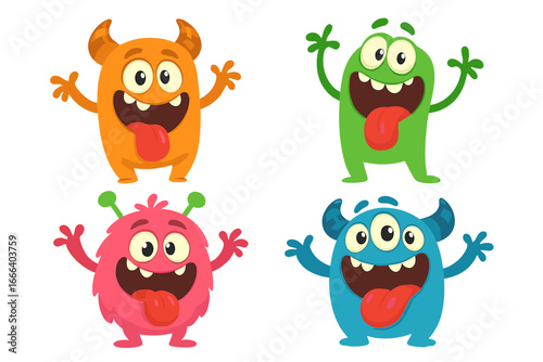 Funny cartoon monster characters set. Cute happy alien creatures with silly playful expressions. Vector illustration of colorful comic mascots collection for kids design elements.