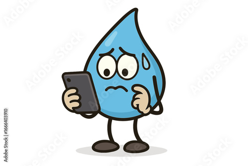 Worried water drop character looking at phone. Anxious mascot with smartphone getting bad news. Stress, fear and uncertainty concept. Sad, scared cartoon emotion vector.