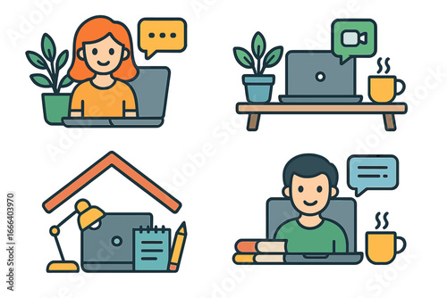 Remote work icon set. Home office concept with people at laptops for video conference and online meetings. Freelancer character illustration. Vector telecommuting icons.