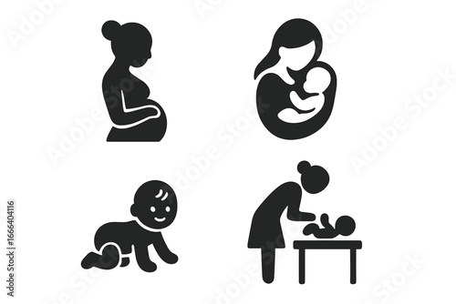 Motherhood and baby care black icon set. Pregnancy, mother with newborn, crawling infant, diaper changing pictogram. Maternity, parenting, and family life vector silhouette symbols.