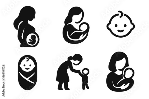 Motherhood and baby care vector icon set. Pregnant woman, mother holding child, newborn infant, and toddler silhouettes. Family, pregnancy, and childcare symbols.