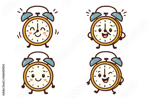 Cute cartoon alarm clock character set. Happy retro clock mascot with emotions for wake up and morning concepts. Time management and deadline reminder vector illustration.