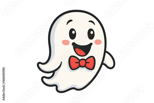 Cute cartoon ghost character with a red bow tie. Happy smiling spooky phantom for Halloween. Adorable kawaii spirit mascot vector illustration isolated on white background.
