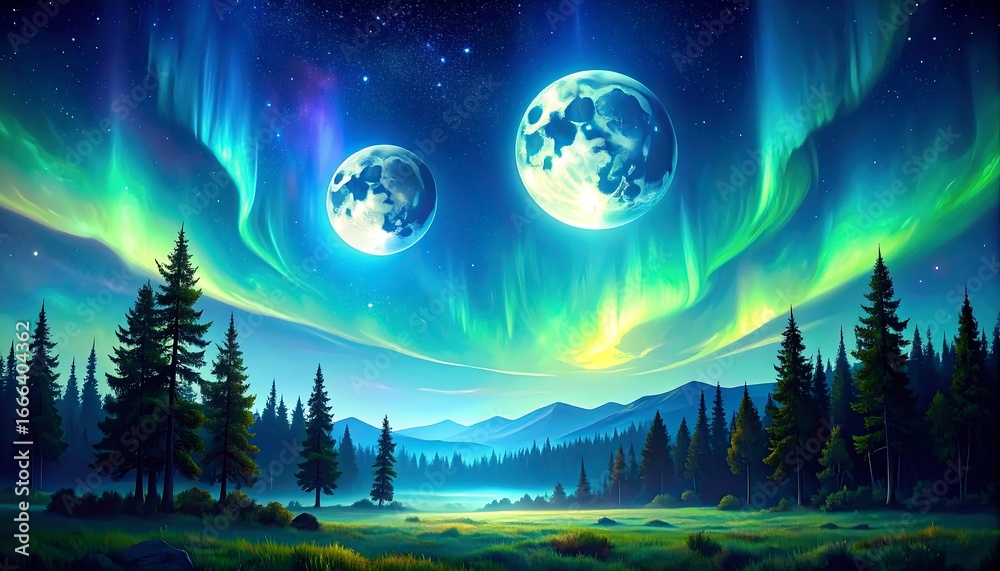 Naklejka premium Magical Night Sky Over a Forest with Aurora Borealis and Two Moons.