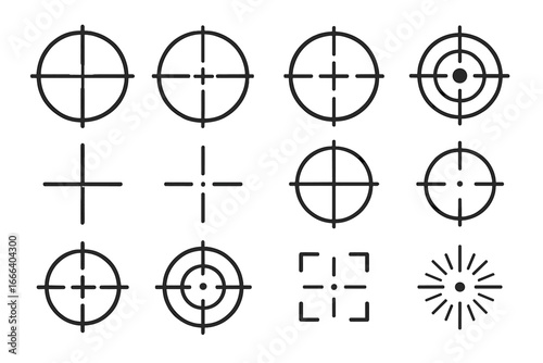 Vector set of crosshair and target icons. Aiming reticle symbols for military sniper scope, gun sight, or game UI. Precision focus mark for hunting or shooting concept.