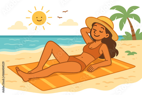 Woman relaxing on a beach towel on a sunny summer day. Seaside vacation concept with peaceful atmosphere. Leisure time by the ocean. Vector cartoon of a girl sunbathing.