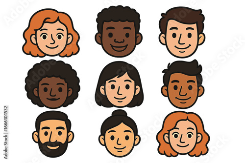 Diverse people faces vector set. Multicultural society, community concept. Different ethnicity, men, women avatars. Cartoon head illustration for profile, social media.