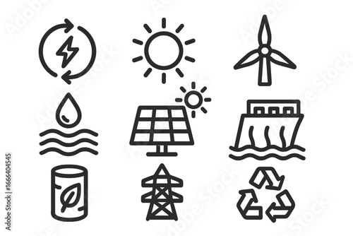 Renewable energy icon set. Green power and sustainability concept. Vector line art symbols of solar panel, wind turbine, hydropower, biomass, and recycling for ecology design.