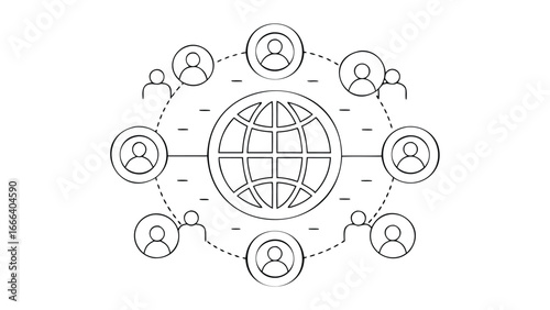 Illustration showing a globe surrounded by interconnected people icons in a network design