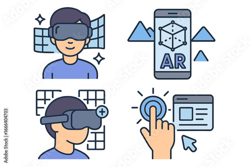 VR and AR icon set. Virtual and augmented reality line icons. Metaverse technology concept. User with headset, smartphone AR, UI interaction, clicking. Vector illustration pack.