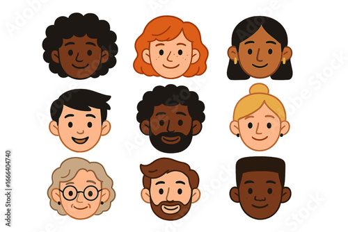 Set of diverse people faces. Vector avatar collection. Multicultural community of men and women. Characters of different ages, nationalities and hairstyles. Cartoon head icons.