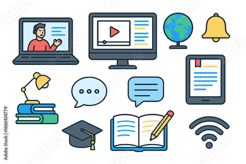 E-learning vector icon set for online education and distance learning. Digital resources for teaching, webinar, and virtual classroom. Educational technology illustration.