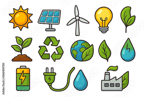 Renewable energy icon collection. Sustainability and ecology symbols. Green power concept with solar panel, wind turbine, recycle logo, globe, leaf, water drop, and battery.