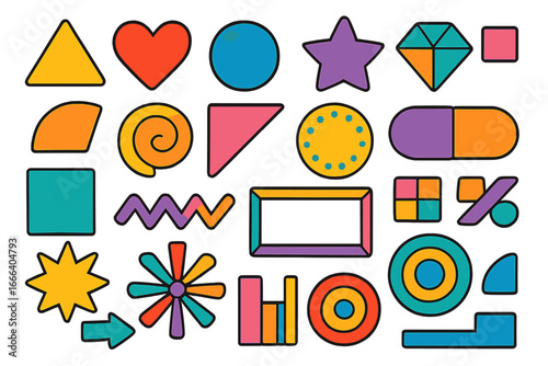 Set of colorful geometric shapes. Abstract vector elements for graphic design. Retro 80s 90s trendy memphis style objects. Modern decorative simple forms and patches.