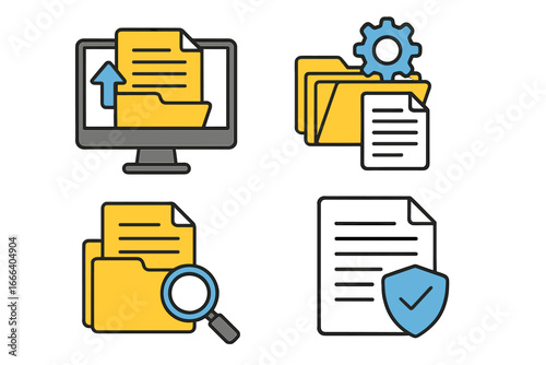 Document management system icon set. File organization, data storage, and digital archive icons. Vector illustrations for workflow, security, search, and upload concepts.
