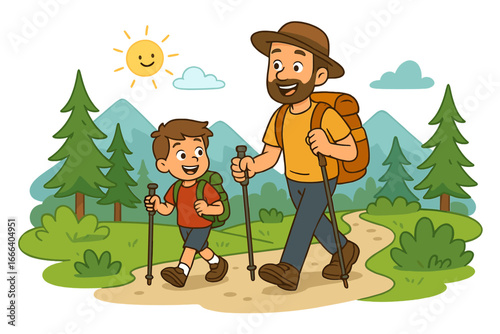 Father and son hiking in mountains. Man and boy with backpacks on a nature trail. Vector cartoon for family bonding, outdoor adventure, active lifestyle, Father's Day concept.