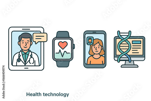 Health technology icon set. Telemedicine, remote consultation with doctor and patient video call. Wearable smart watch for health monitoring. Genetic analysis, DNA research on computer.