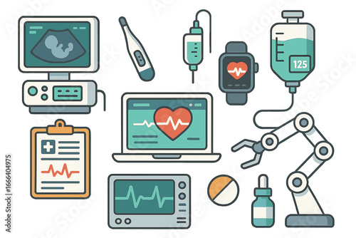 Set of healthcare technology icons for modern medicine. Vector medical equipment for analysis, diagnostics, and treatment. Robotic arm, ultrasound, EKG monitor, digital health.
