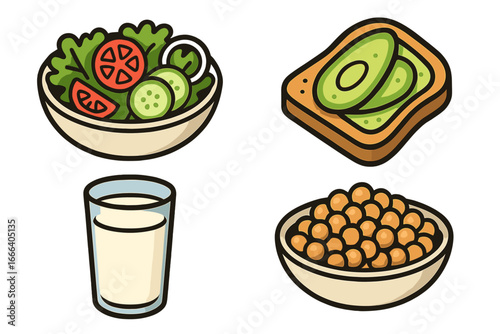 Healthy meal vector icon set. Salad bowl, avocado toast, glass of milk, chickpeas. Cartoon illustration for nutrition, balanced diet, vegetarian, vegan, and organic food.