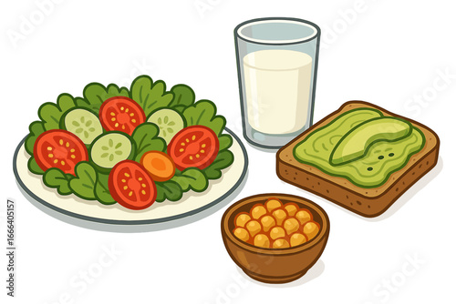 Healthy balanced meal with fresh salad, avocado toast, chickpeas and milk. Concept for nutrition, diet, vegetarian and vegan food. Cartoon vector illustration for wellness.