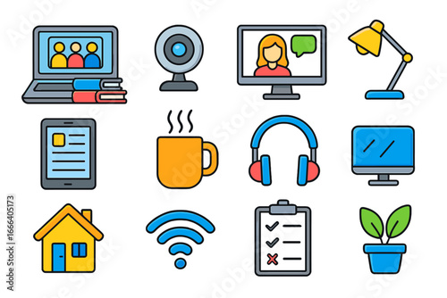 Remote work icon set for freelance and home office. Colorful vector illustration of business essentials like online meetings, technology, and telecommuting symbols. Cartoon