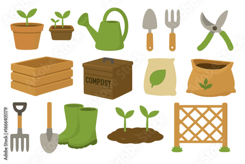 Gardening tools vector icon set. Sustainable organic farming equipment. Collection with compost bin, planter, trellis, shovel, watering can, boots, and seedling sprouts.