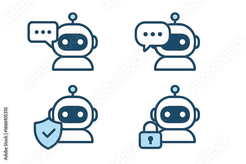 Robot chatbot icons for conversation and security. AI assistant for customer support. Vector graphic set of bot with chat bubble, shield, and lock for digital safety concept.