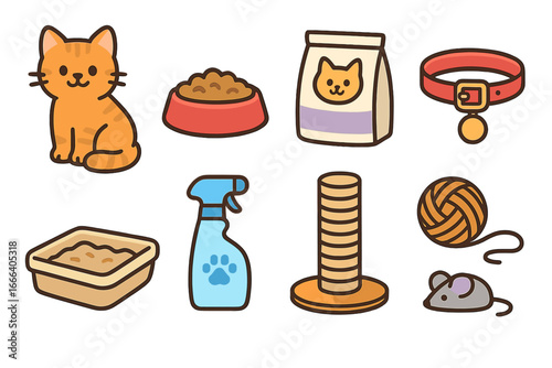 Cat pet care icon set. Essential supplies and accessories for domestic kitten. Vector cartoon illustration of cat food, collar, toy, scratching post, litter box. Kawaii design.
