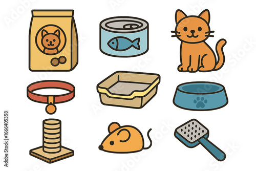 Cat care icons set. Essential pet supplies for home. Vector cartoon illustration with food, litter box, collar, toy, brush, and scratching post. Pet shop elements.