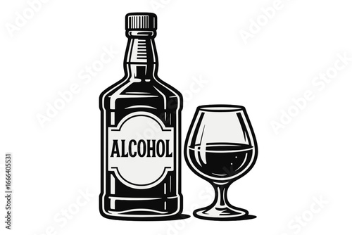 Whiskey bottle and glass vintage vector illustration. Black and white alcohol drink icon for bar menu. Concept for liquor, spirit, brandy, or cognac. Addiction alcoholism.