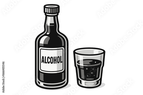 Alcohol bottle and shot glass vector illustration. Black and white icon of hard liquor, spirits, whiskey or rum. Concept for bar menu, alcoholism, addiction, drinking problem.