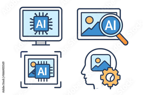 AI icon set for image processing and enhancement. Artificial intelligence technology for digital media, photo analysis, and generation. Vector computer vision concept symbols.