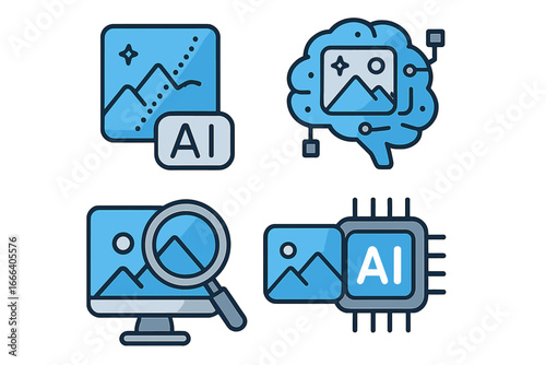 AI image processing vector icon set. Artificial intelligence technology for photo enhancing and digital media. Concepts for machine learning, computer vision, and neural networks.