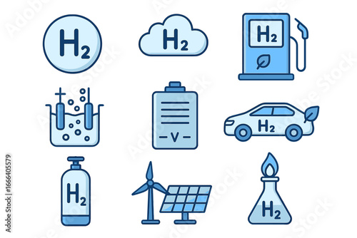 Hydrogen energy icon set. H2 fuel technology for green power. Renewable energy concepts like electrolysis, fuel cell car, charging station, and sustainable production.