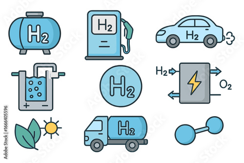 Hydrogen energy technology icon set. Vector symbols for H2 green power, fuel cell, electrolysis, refueling station, car, storage, and transport. Renewable energy concept.
