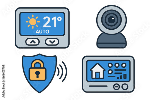 Smart home technology icon set. Vector illustration of home automation system, climate control thermostat, security camera, and protection monitoring symbols for web and apps.