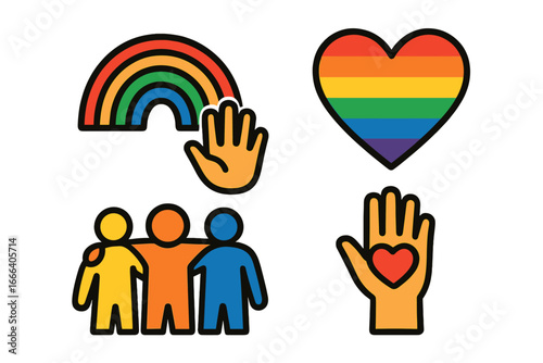 Pride month icon set. LGBTQ community symbols. Rainbow flag heart, diversity and inclusion. Love, support and unity concept. Vector for gay, lesbian, transgender rights.