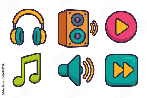 Music and audio icon set. Vector cartoon collection with headphones, speaker, play button, musical note, volume and forward symbols. Media player interface elements.