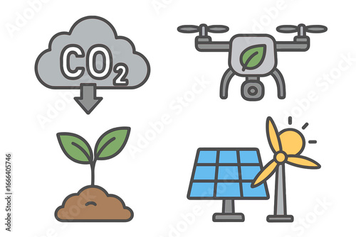 Environmental icon set. Renewable energy, green technology, and sustainability concepts. CO2 carbon capture, eco drone, solar panel and wind turbine power vector illustration.