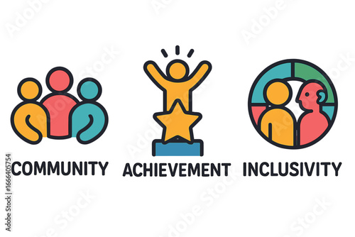 Community, achievement, and inclusivity icon set. Vector icons for teamwork, success, diversity, and equality. Business concepts, social values, team goals. Line art design.