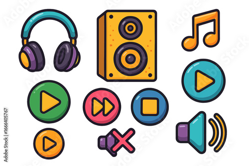 Music and audio icon set with headphones, speaker, and playback buttons. Vector cartoon illustration of play, stop, mute, and volume symbols for media player interface design.