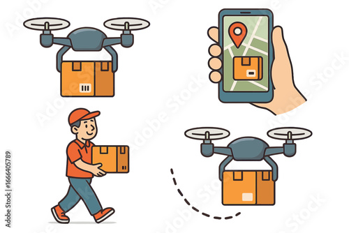 Drone delivery service with package tracking on mobile phone app. Courier carrying box. Future logistics and transportation technology vector cartoon illustration icon set.