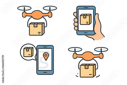 Drone delivery icon set. Quadcopter shipping package. Mobile phone app for order tracking. Logistics and transportation technology. GPS route navigation for parcels. Vector.